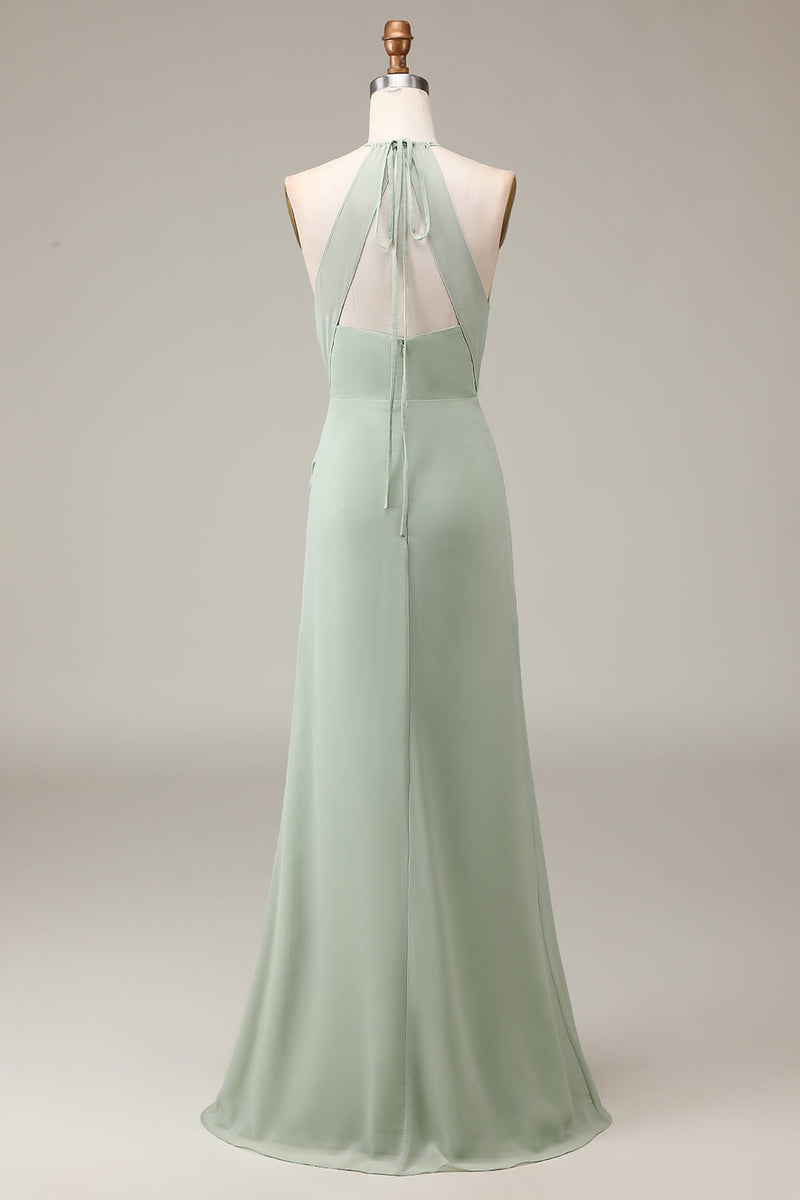 Charger l&#39;image dans la galerie, Matcha dos nu cou fourreau plissé robe de demoiselle d’honneur avec fente