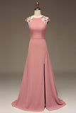 Dusty Rose A-ligne en mousseline de soie et broderie Maxi robe de demoiselle d’honneur