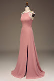 Dusty Rose A-ligne en mousseline de soie et broderie Maxi robe de demoiselle d’honneur