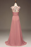 Dusty Rose A-ligne en mousseline de soie et broderie Maxi robe de demoiselle d’honneur