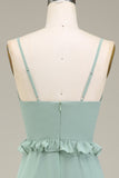 Eucalyptus A-ligne V-Neck robe de demoiselle d’honneur en mousseline de soie avec volants