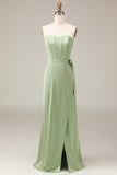 Matcha bustier Corset A-ligne Satin robe de demoiselle d’honneur avec fente