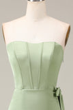 Matcha bustier Corset A-ligne Satin robe de demoiselle d’honneur avec fente