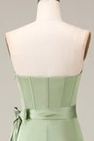 Matcha bustier Corset A-ligne Satin robe de demoiselle d’honneur avec fente