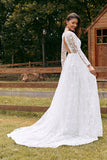 Ivoire A-ligne V-Neck Dentelle Sweep Train Robe de mariée avec manches