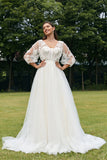 Robe de mariée corset à manches bouffantes ivoire avec des fleurs 3D