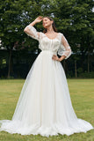 Robe de mariée corset à manches bouffantes ivoire avec des fleurs 3D