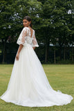 Robe de mariée corset à manches bouffantes ivoire avec des fleurs 3D
