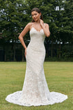 Robe de mariée sans dos en dentelle de sirène ivoire