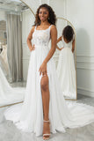 Robe de mariée en mousseline de soie Boho à col rond ivoire avec dentelle