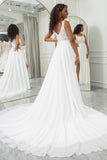 Robe de mariée en mousseline de soie Boho à col rond ivoire avec dentelle