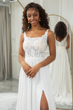 Robe de mariée en mousseline de soie Boho à col rond ivoire avec dentelle