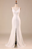 Robe de mariée longue sans dos sirène simple en ivoire avec fente