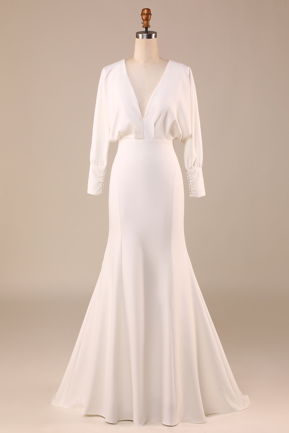Simple Sirène Ivoire Manches Longues Robe de mariée Col V Profond