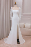 Ivoire trompette balayage train manches longues robe de mariée avec 3D Appliques