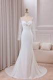 Ivoire trompette chérie cou satin robe de mariée avec dentelle manches longues