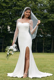 Ivoire Illusion Manches Longues Dos Nu Sirène Robe de Mariée avec Fente