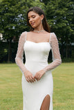 Ivoire Illusion Manches Longues Dos Nu Sirène Robe de Mariée avec Fente