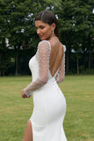 Ivoire Illusion Manches Longues Dos Nu Sirène Robe de Mariée avec Fente