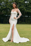 Simple Ivoire Détachable Illusion À Manches Longues Sirène Robe De Mariée Avec Fente
