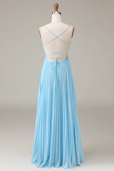Bleu ciel Spaghetti Bretelles Col bénitier plissé dos ouvert A-ligne robe de demoiselle d’honneur en mousseline de soie