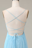 Bleu ciel Spaghetti Bretelles Col bénitier plissé dos ouvert A-ligne robe de demoiselle d’honneur en mousseline de soie