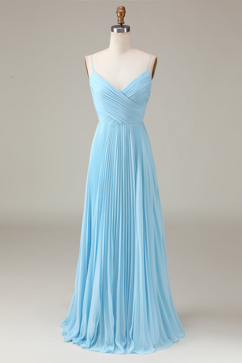 Charger l&#39;image dans la galerie, Bleu ciel Spaghetti Bretelles V-col A-ligne plissée en mousseline de soie robe de demoiselle d’honneur