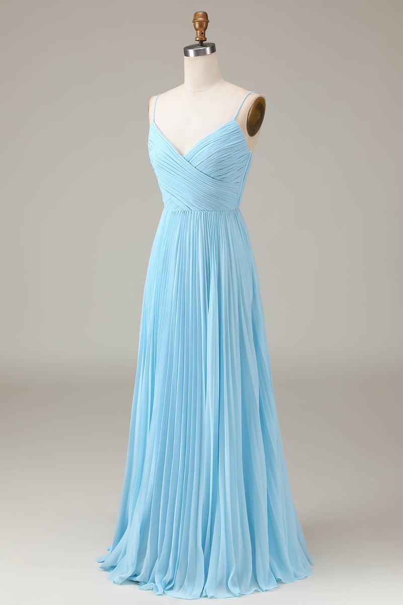 Charger l&#39;image dans la galerie, Bleu ciel Spaghetti Bretelles V-col A-ligne plissée en mousseline de soie robe de demoiselle d’honneur