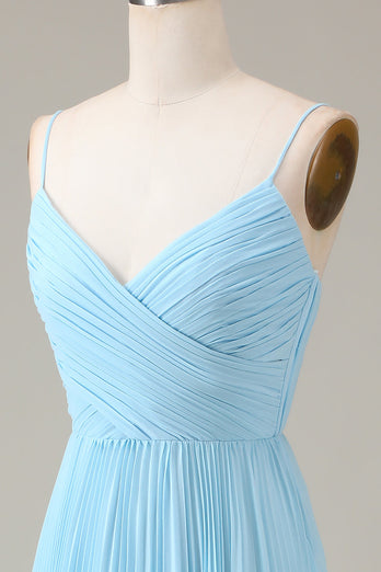 Bleu ciel Spaghetti Bretelles V-col A-ligne plissée en mousseline de soie robe de demoiselle d’honneur