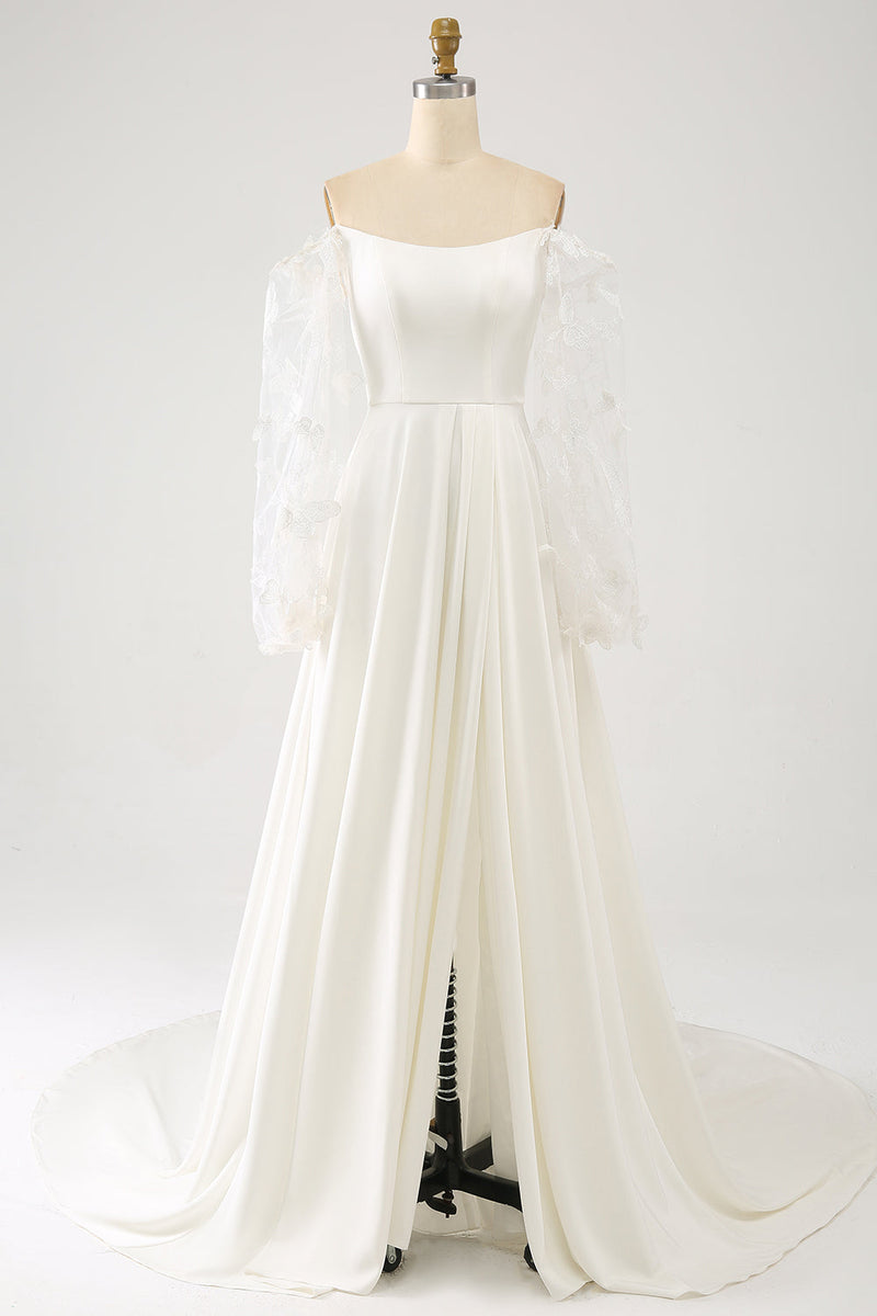 Charger l&#39;image dans la galerie, Robe de mariée longue en mousseline de soie ivoire avec papillons 3D, manches longues
