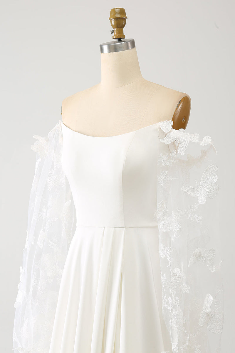 Charger l&#39;image dans la galerie, Robe de mariée longue en mousseline de soie ivoire avec papillons 3D, manches longues