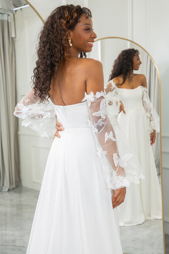 Ivoire amovible manches longues papillons Boho robe de mariée