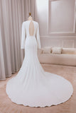 Ivoire profond col en V manches longues crêpe sirène robe de mariée avec fente avant