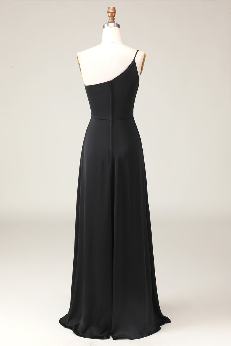 Charger l&#39;image dans la galerie, Robe de demoiselle d’honneur noire en mousseline de soie A-ligne une épaule longueur plancher