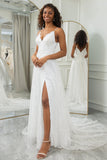 Robe de mariée en dentelle Sweep Train A-Line ivoire avec fente