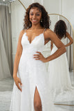 Robe de mariée en dentelle Sweep Train A-Line ivoire avec fente