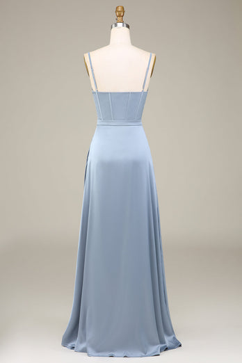 Dusty bleu A-ligne Spaghetti Bretelles Satin Longue robe de demoiselle d’honneur