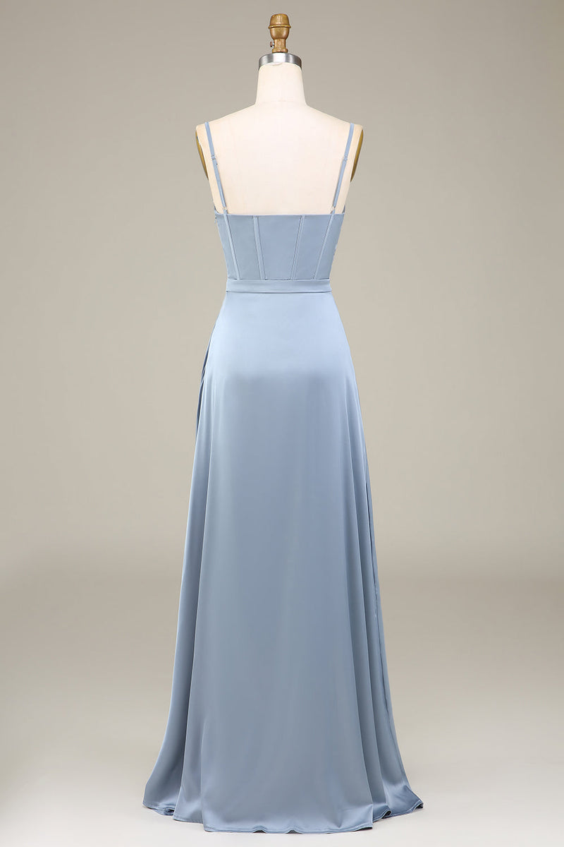 Charger l&#39;image dans la galerie, Dusty bleu A-ligne Spaghetti Bretelles Satin Longue robe de demoiselle d’honneur