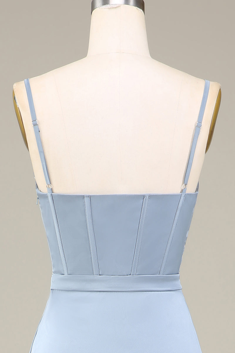 Charger l&#39;image dans la galerie, Dusty bleu A-ligne Spaghetti Bretelles Satin Longue robe de demoiselle d’honneur