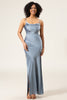 Charger l&#39;image dans la galerie, Bleu poussiéreux spaghetti bretelles gaine Satin longue robe de demoiselle d’honneur