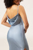 Charger l&#39;image dans la galerie, Bleu poussiéreux spaghetti bretelles gaine Satin longue robe de demoiselle d’honneur