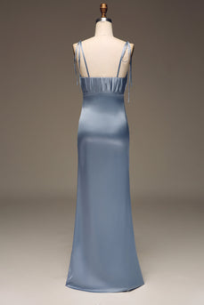 Dusty bleu spaghetti bretelles gaine Satin plissé robe de demoiselle d’honneur