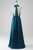 Robe de demoiselle d’honneur longue à col nu paon A-ligne avec fente