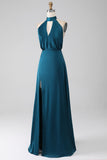 Robe de demoiselle d’honneur longue à col nu paon A-ligne avec fente