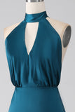 Robe de demoiselle d’honneur longue à col nu paon A-ligne avec fente