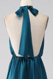 Robe de demoiselle d’honneur longue à col nu paon A-ligne avec fente