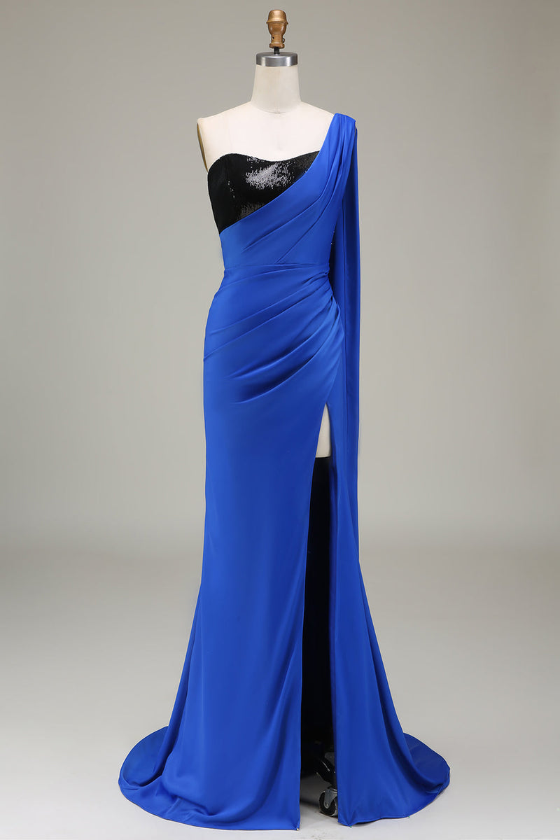 Charger l&#39;image dans la galerie, Robe de Soirée plissée sirène à une épaule bleu royal et paillettes sirène avec fente
