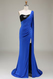 Robe de Soirée plissée sirène à une épaule bleu royal et paillettes sirène avec fente