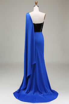 Robe de Soirée plissée sirène à une épaule bleu royal et paillettes sirène avec fente