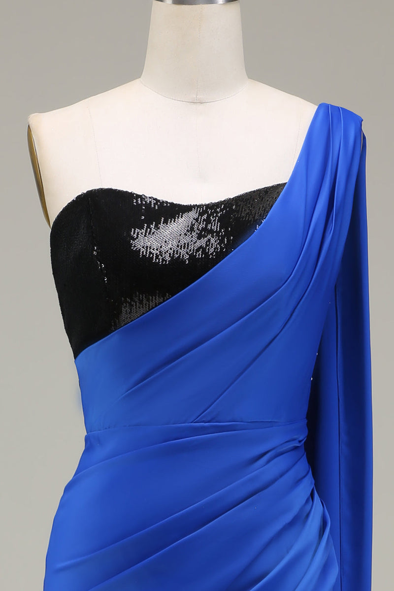 Charger l&#39;image dans la galerie, Robe de Soirée plissée sirène à une épaule bleu royal et paillettes sirène avec fente